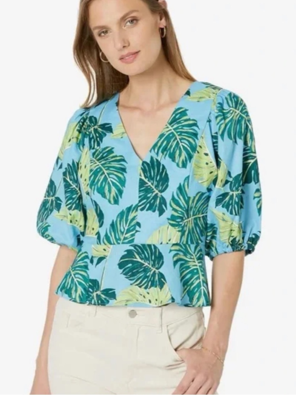 Draper James Tropical Palm Leaf V-Neck Puff Sleeve Top Size 4